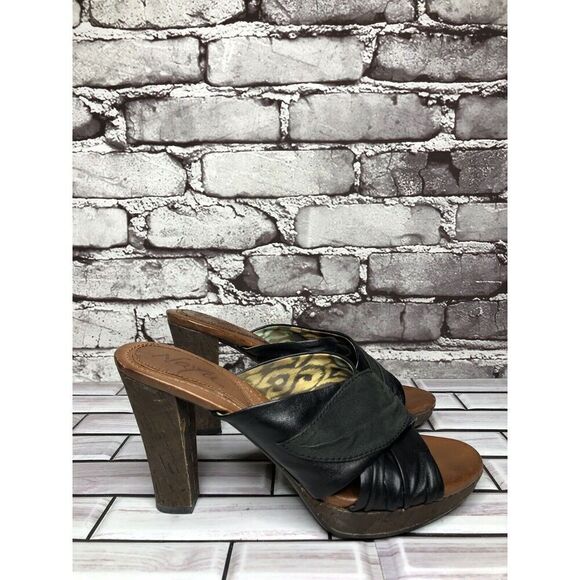 Naya Black Leather Cross Strap Casual Wooden Heel Sandals Women’s Sz 7M US/38EU - Picture 1 of 16